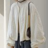 Casual Beige Zip Up Drawstring Loose Cotton Jackets Lantern Sleeve