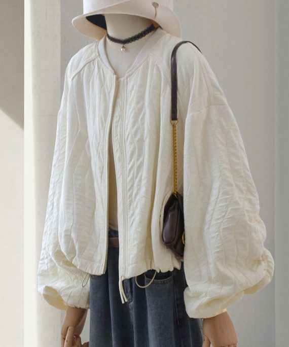 Casual Beige Zip Up Drawstring Loose Cotton Jackets Lantern Sleeve