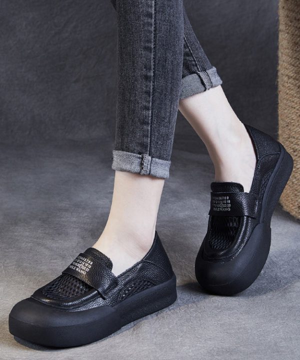 Casual Black Cowhide Leather Hollow Out Loafers Shoes For Women - Image 2