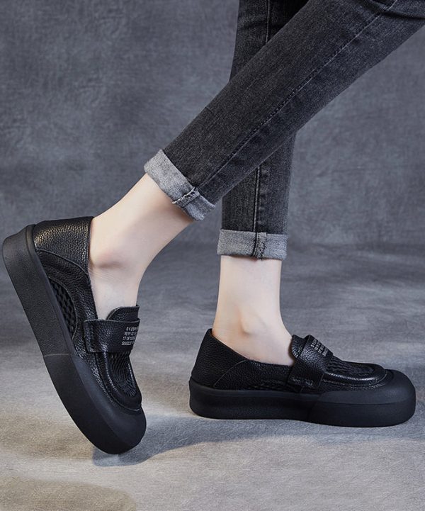 Casual Black Cowhide Leather Hollow Out Loafers Shoes For Women - Image 3