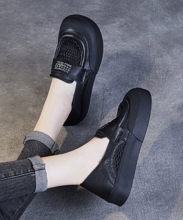 Casual Black Cowhide Leather Hollow Out Loafers Shoes For Women - Image 4