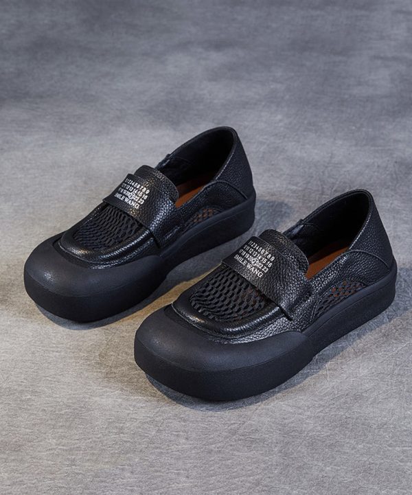Casual Black Cowhide Leather Hollow Out Loafers Shoes For Women - Image 5