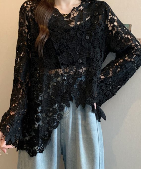 Casual Black O-Neck Asymmetrical Lace UPF 50+ Coat Spring