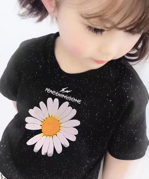 Casual Black O Neck Print Cotton Girls T Shirt Summer