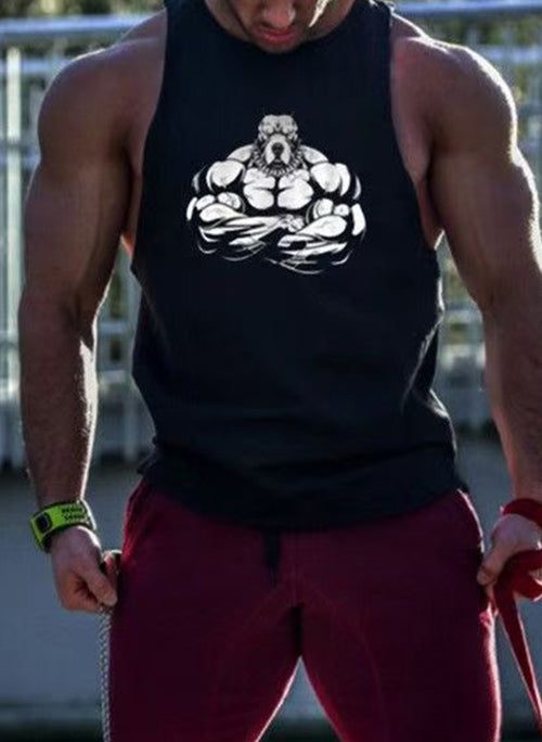 Casual Black O Neck Print Cotton Men Tank Sleeveless
