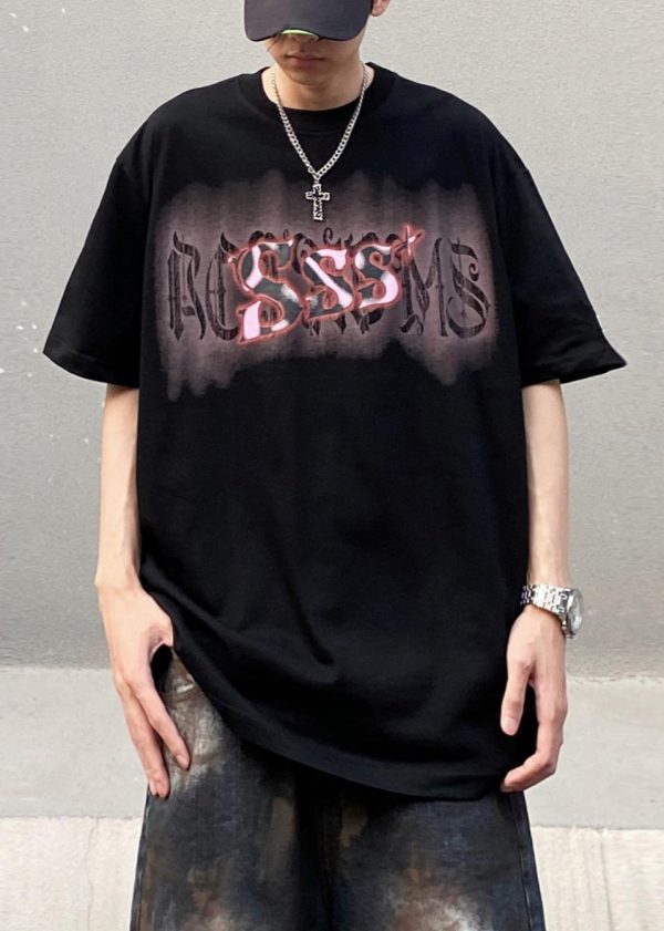 Casual Black O Neck Print Cotton T Shirt Men Summer