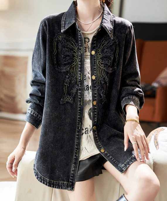 Casual Black Peter Pan Collar Patchwork Button Denim Coats Spring