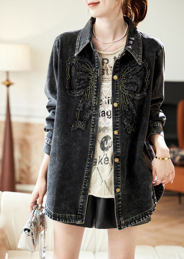 Casual Black Peter Pan Collar Patchwork Button Denim Coats Spring - Image 2