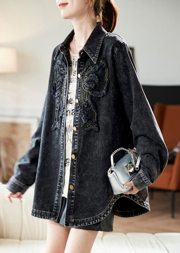 Casual Black Peter Pan Collar Patchwork Button Denim Coats Spring - Image 3