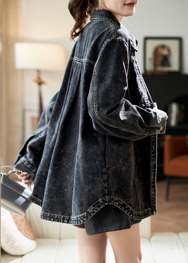 Casual Black Peter Pan Collar Patchwork Button Denim Coats Spring - Image 4