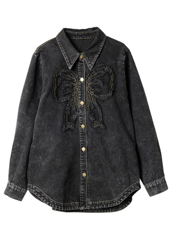 Casual Black Peter Pan Collar Patchwork Button Denim Coats Spring - Image 5