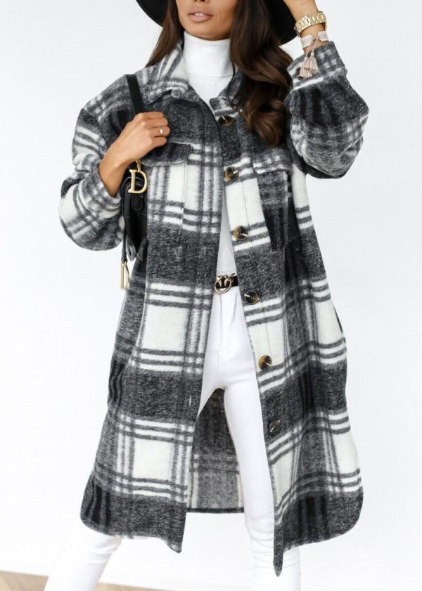 Casual Black Peter Pan Collar Plaid Woolen Shirts Coat Spring - Image 2