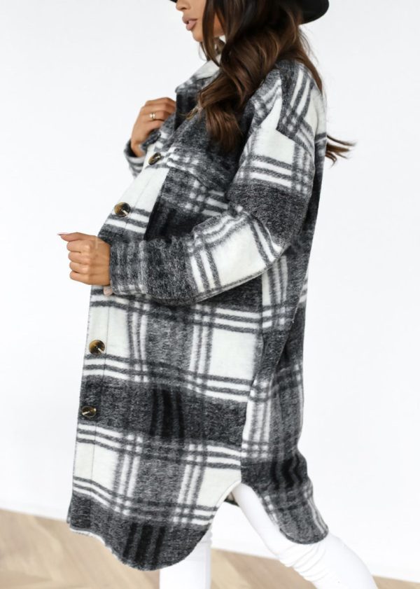 Casual Black Peter Pan Collar Plaid Woolen Shirts Coat Spring - Image 3