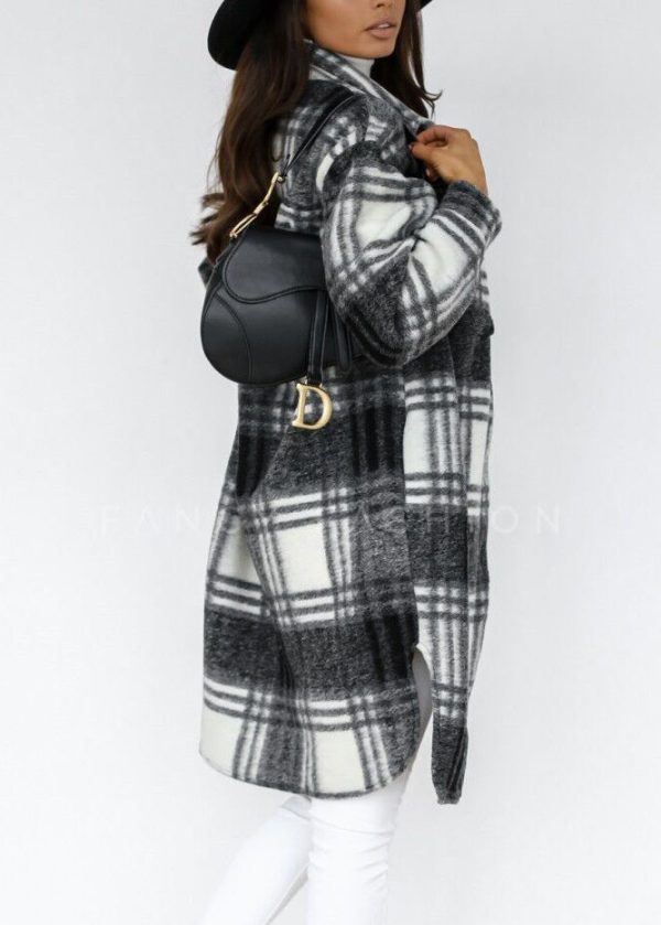 Casual Black Peter Pan Collar Plaid Woolen Shirts Coat Spring - Image 4