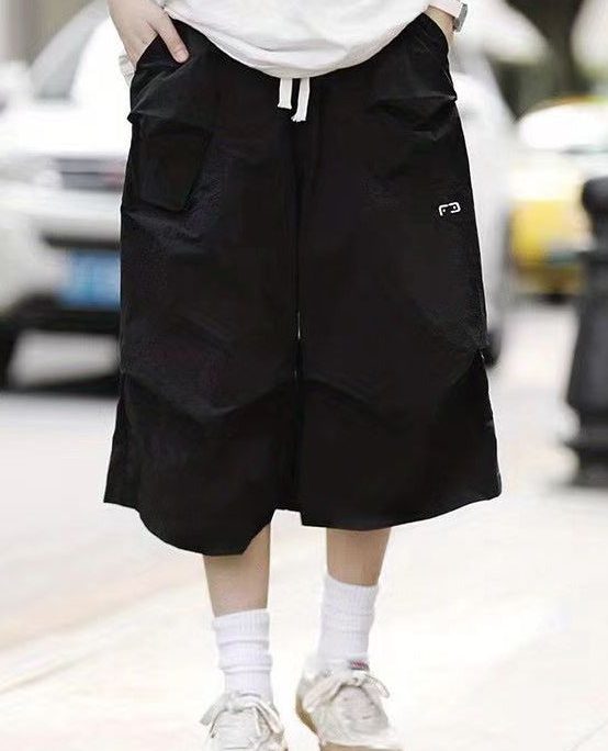 Casual Black Pockets Solid Elastic Waist Cotton Men Crop Pants Summer