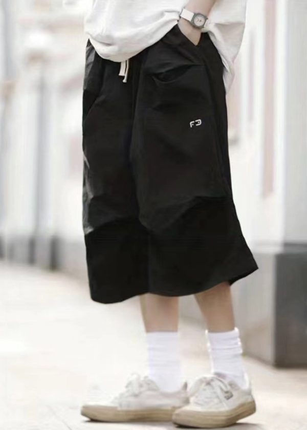 Casual Black Pockets Solid Elastic Waist Cotton Men Crop Pants Summer - Image 4