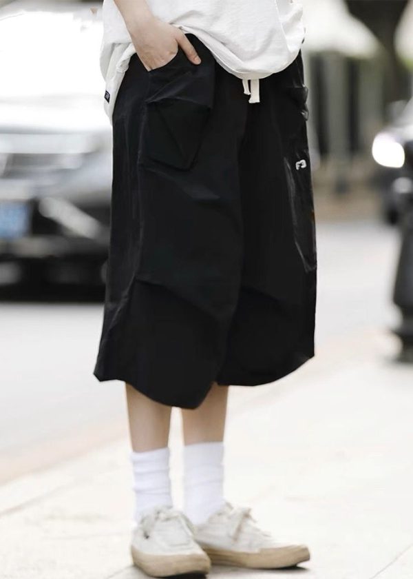 Casual Black Pockets Solid Elastic Waist Cotton Men Crop Pants Summer - Image 5