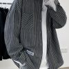 Casual Black Striped Button Pockets Cotton Men Shirts Spring