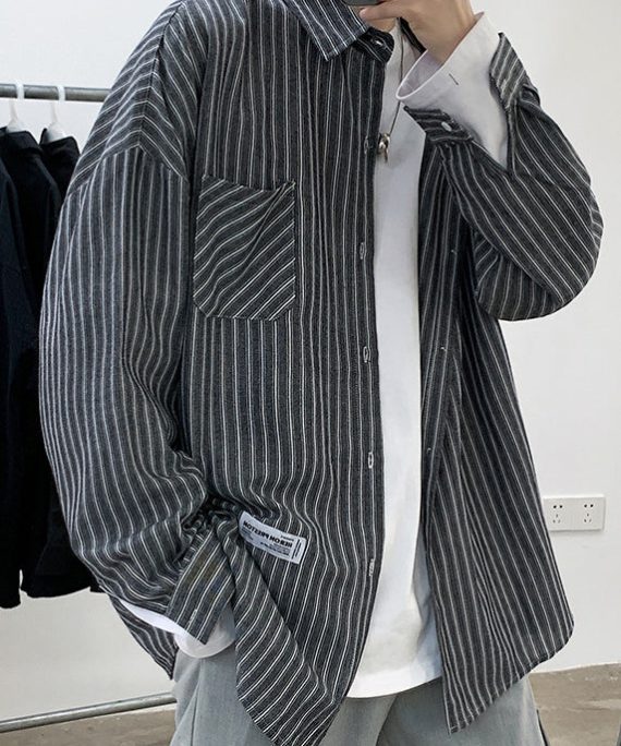 Casual Black Striped Button Pockets Cotton Men Shirts Spring