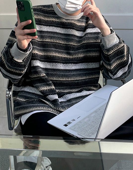 Casual Black Striped Cozy Knit Men Sweater Spring
