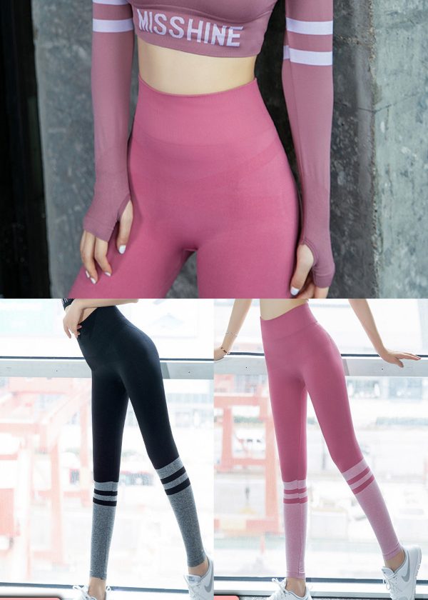 Casual Black Striped Seamless Running Leggings - Image 5