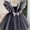 Casual Black V Neck Tulle Patchwork Girls Long Dress Summer