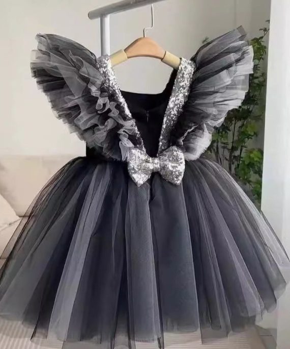 Casual Black V Neck Tulle Patchwork Girls Long Dress Summer