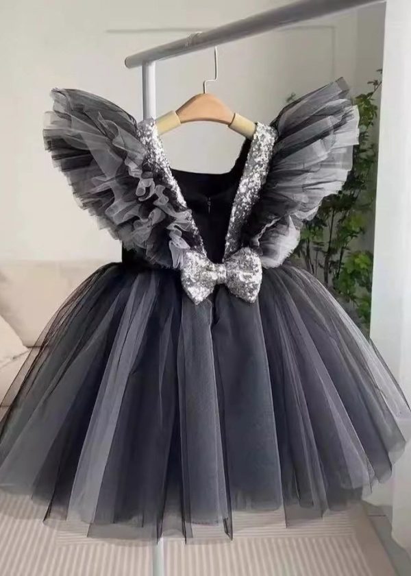 Casual Black V Neck Tulle Patchwork Girls Long Dress Summer