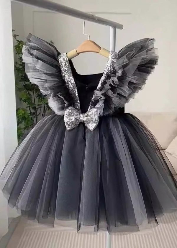Casual Black V Neck Tulle Patchwork Girls Long Dress Summer - Image 2