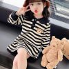 Casual Black White Striped Peter Pan Collar Print Kids Mid Dress Fall