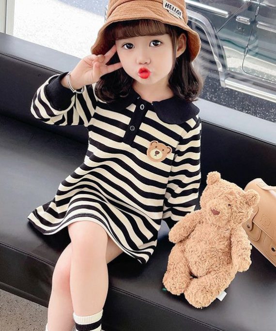 Casual Black White Striped Peter Pan Collar Print Kids Mid Dress Fall