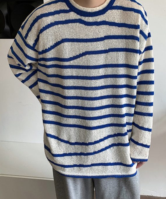 Casual Blue O-Neck Striped Cozy Knit Mens Sweaters Spring