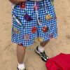Casual Blue Plaid Print Elastic Waist Cotton Men Beach Shorts Summer