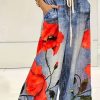 Casual Blue Print Elastic Waist Pockets Wide Leg Jeans Summer