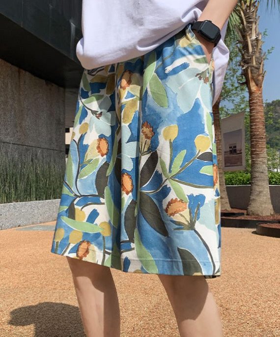 Casual Blue Print Pockets Cotton Summer Mens Shorts