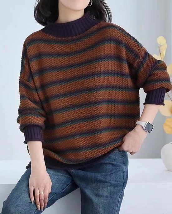 Casual Brown Oversized Striped Knitted Tops Spring