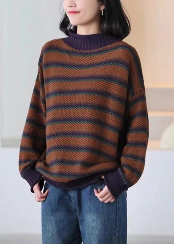 Casual Brown Oversized Striped Knitted Tops Spring - Image 4