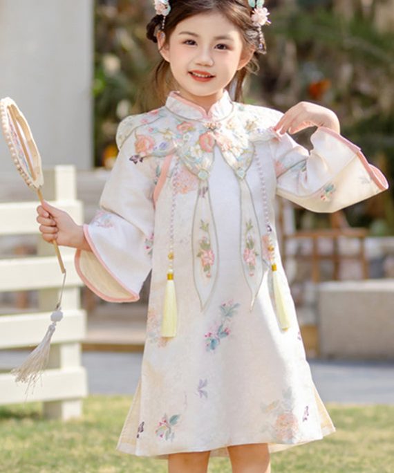 Casual Champagne Side Open Tassel Girls Holiday Long Dress Flare Sleeve