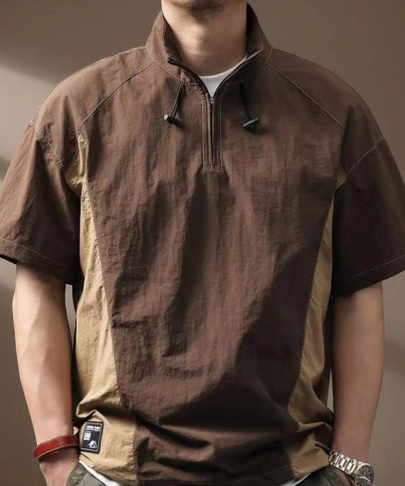 Casual Coffee Zip Up Patchwork Cotton Mens Polo Shirts Summer