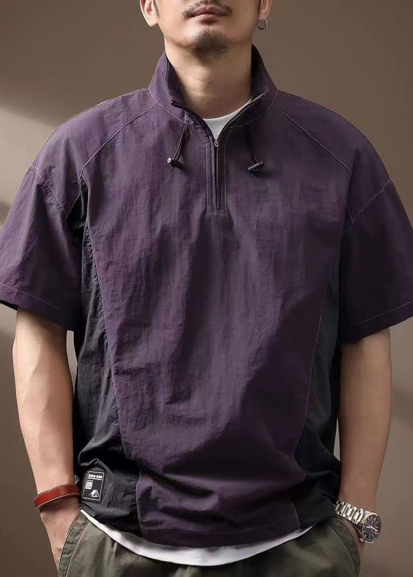 Casual Coffee Zip Up Patchwork Cotton Mens Polo Shirts Summer - Image 2