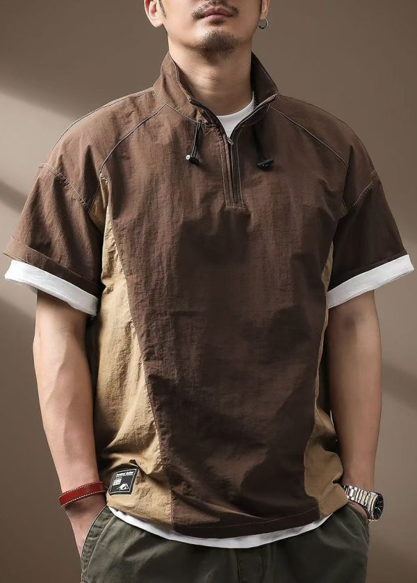 Casual Coffee Zip Up Patchwork Cotton Mens Polo Shirts Summer - Image 3