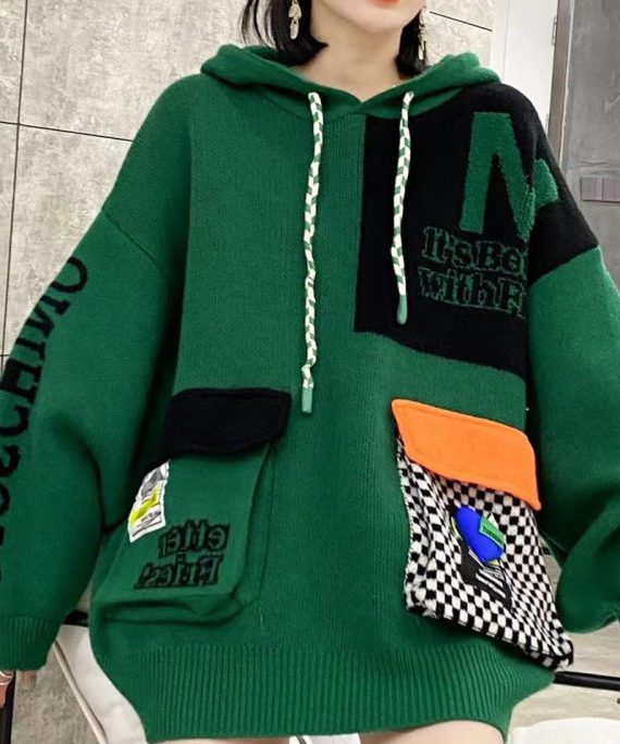 Casual Green Hooded Pockets Patchwork Knit Pullover Spring