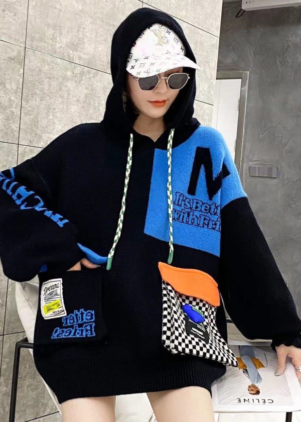 Casual Green Hooded Pockets Patchwork Knit Pullover Spring - Image 2