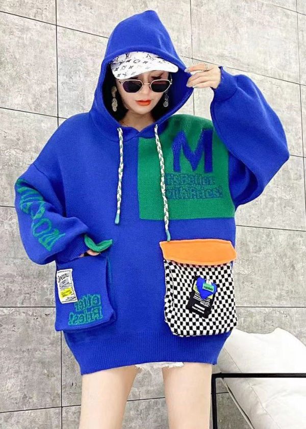 Casual Green Hooded Pockets Patchwork Knit Pullover Spring - Image 3