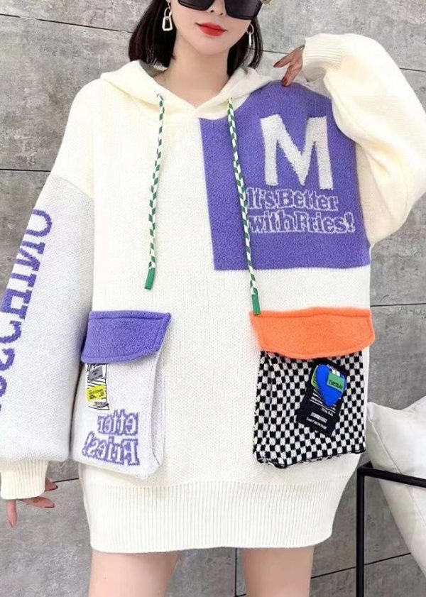 Casual Green Hooded Pockets Patchwork Knit Pullover Spring - Image 4