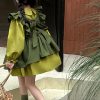 Casual Green Peter Pan Collar Ruffled Kids Long Waistcoat And Mid DressTwo Pieces Set Long Sleeve