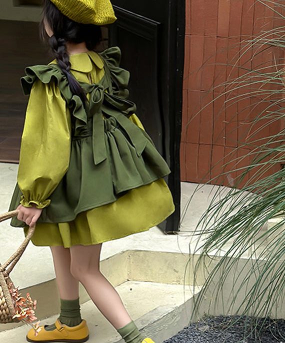 Casual Green Peter Pan Collar Ruffled Kids Long Waistcoat And Mid DressTwo Pieces Set Long Sleeve