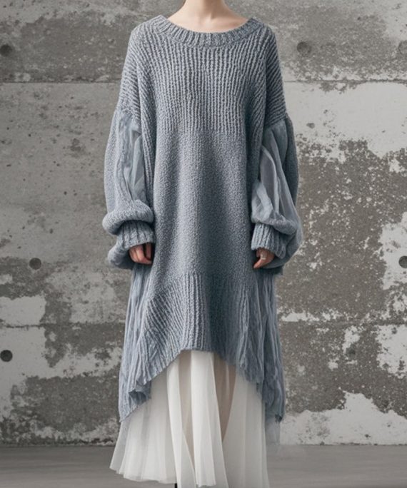 Casual Grey Oversized Patchwork Tulle Long Knit Dress Winter