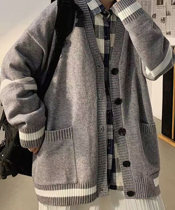 Casual Grey Striped Pockets Knit Mens Cardigans Spring