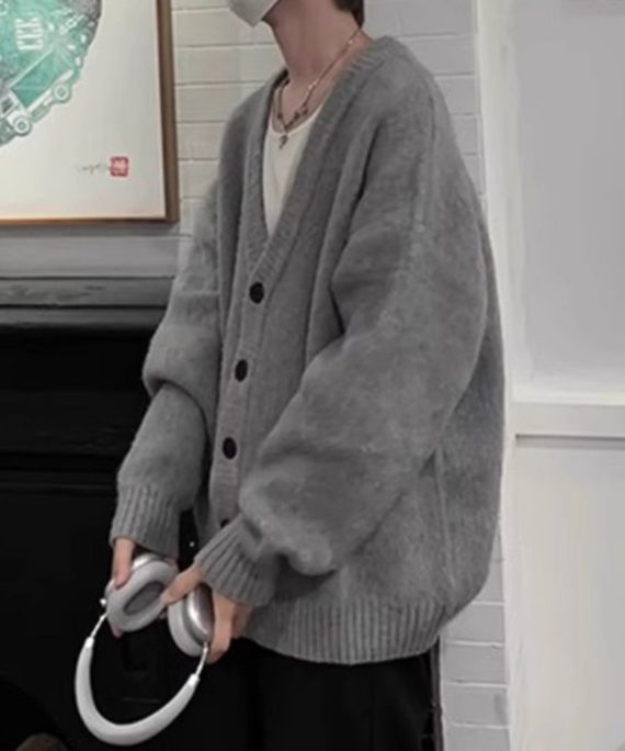 Casual Grey V Neck Button Knit Mens Cardigans Spring